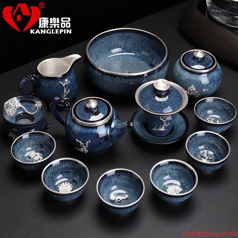 Recreational product jingdezhen obsidian variable temmoku built light tea set ceramic Mosaic of a complete set of 999 sterling silver teapot teacup