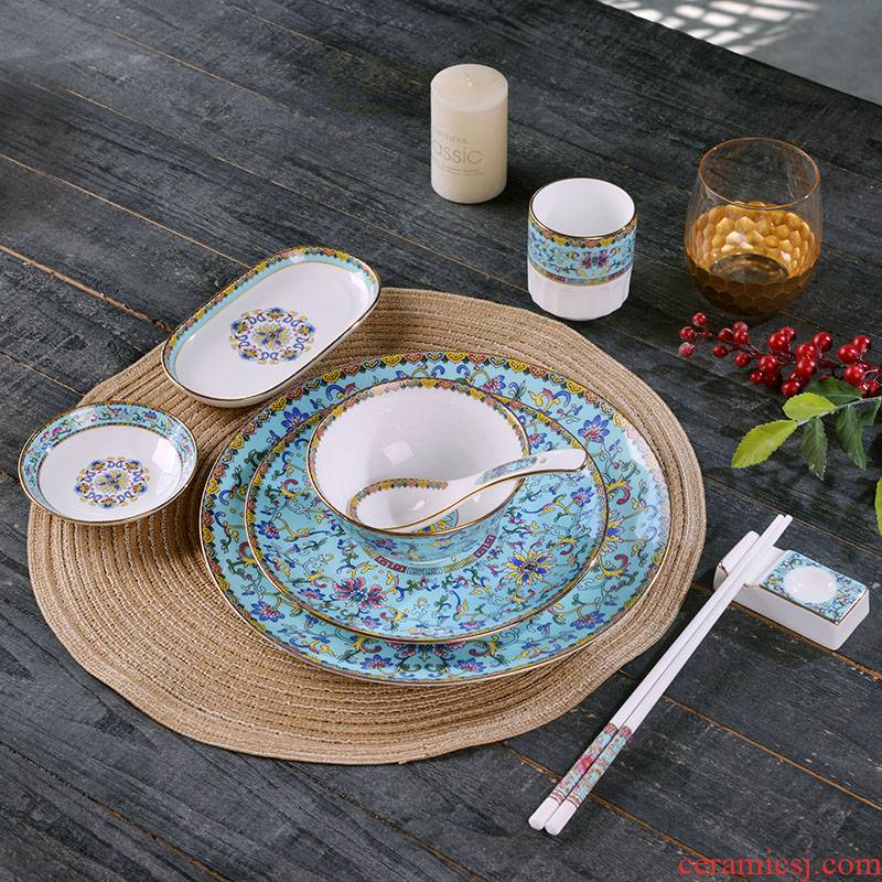 Jingdezhen ceramics colored enamel bowls plates spoon tableware portfolio suit Chinese style household ipads porcelain flat plate custom