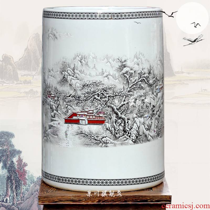 Jingdezhen ceramic snowscape painting cylinder quiver sitting room office furnishing articles the multi-ethnic study of calligraphy and painting scroll to receive goods