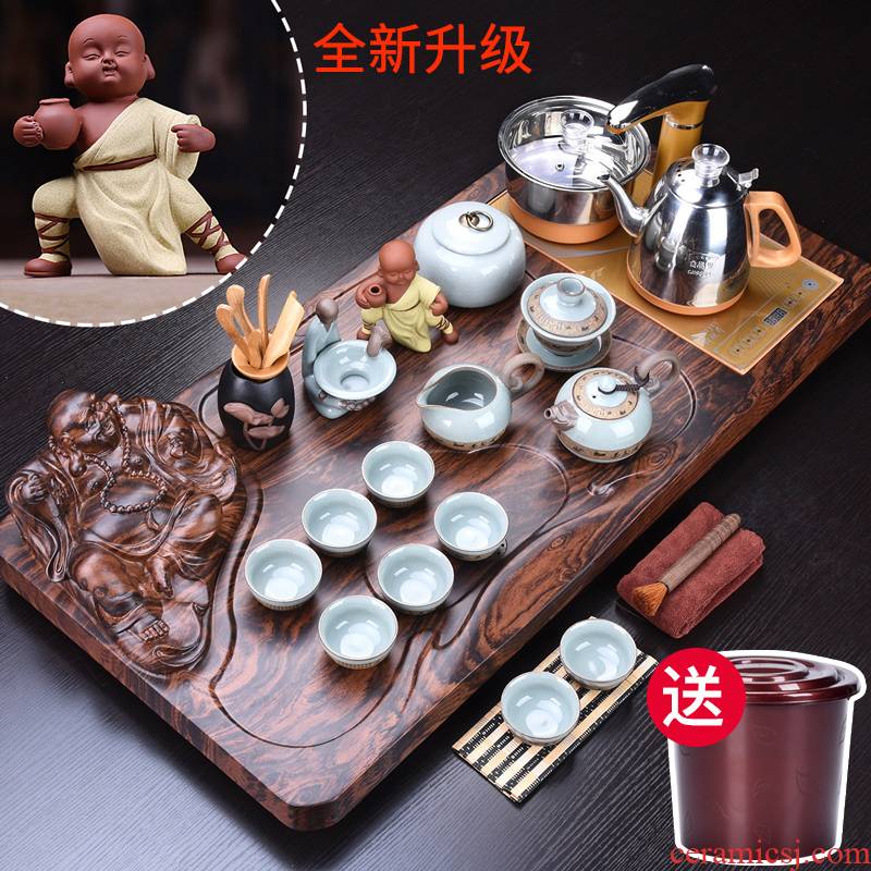 HaoFeng ceramic cups automatic induction cooker purple sand tea set household kung fu tea tea solid wood tea tray
