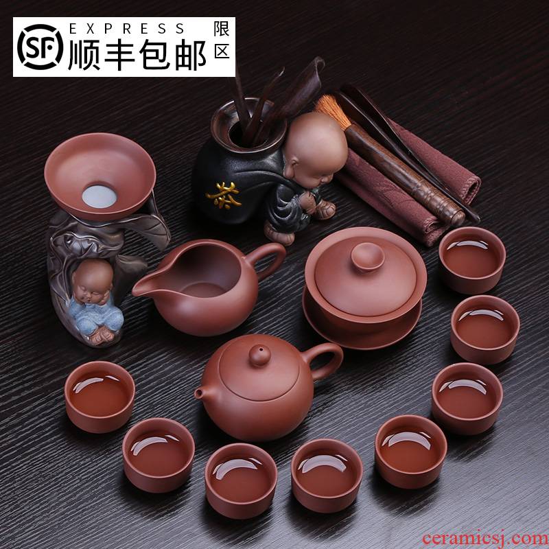 Auspicious industry ore red violet arenaceous kung fu tea sets teapot teacup home office receives a visitor of a complete set of restoring ancient ways