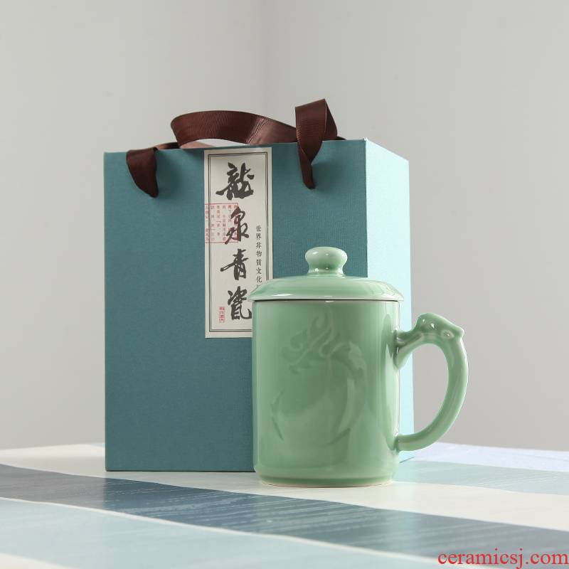Longquan celadon tea set gift household ceramic tea cup with cover large glass cup for personal meeting
