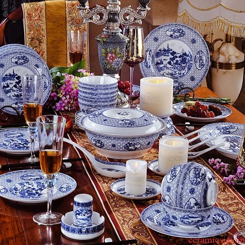 Red xin 56 ipads China head of archaize of jingdezhen blue and white porcelain tableware suit yellow bowl dish dish sets