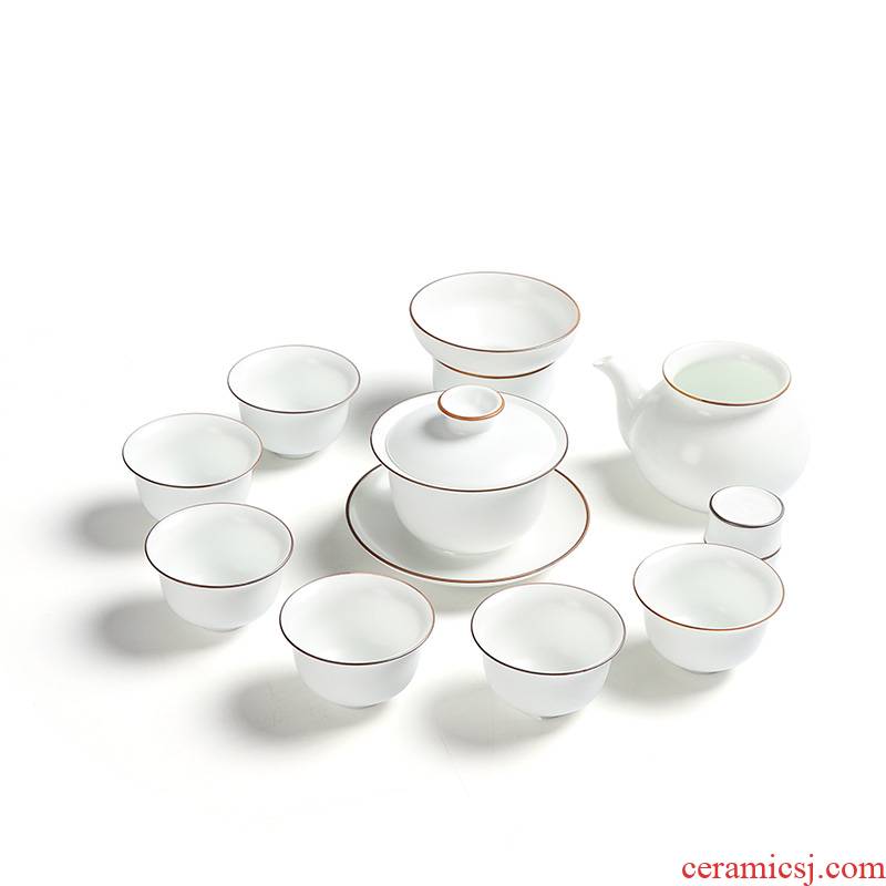 Ding heng inferior smooth fat white on white tea tureen suit kung fu tea set ceramic white teapot tea cups