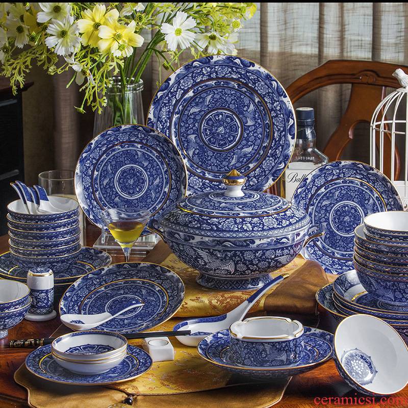 Xin yuan blue and white porcelain tableware antique dishes suit red jingdezhen 70 phoenix ipads porcelain chinaware