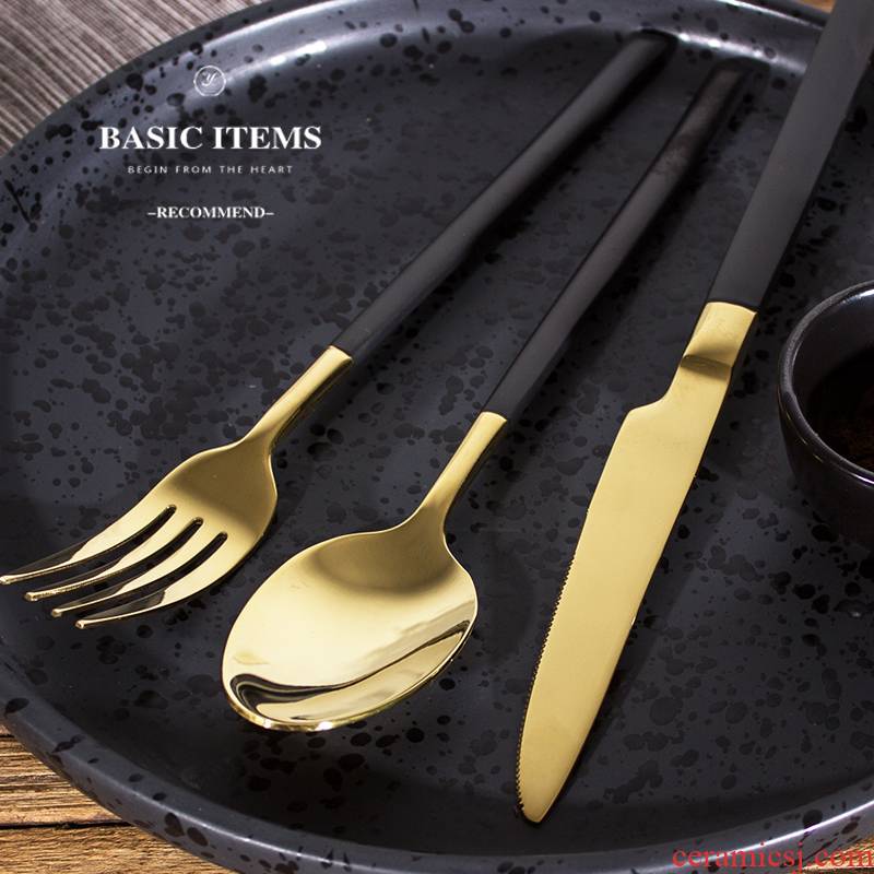Black stainless steel western tableware steak knife and fork spoon handle suit western - style tableware golden western run out of western food knife