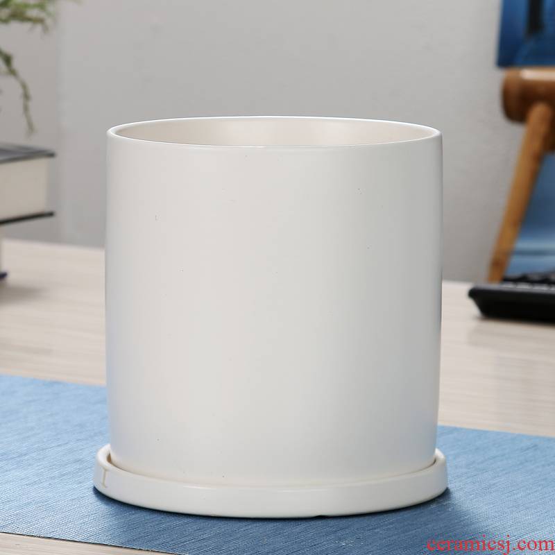 Contracted flowerpot ceramics with tray was oversized bag mail of dumb light of cylindrical indoor green plant trees flower pot wholesale