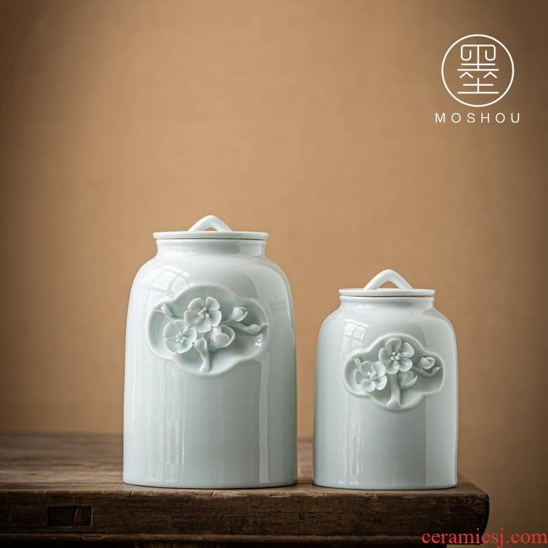 By hand to make the name plum flower tea pot home receive large ceramic seal storage tank with moistureproof tea tea set zero positions