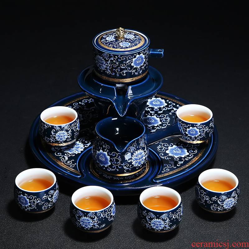 Semi - automatic ceramic blue and white porcelain of a complete set of kung fu tea sets fit lazy home office teapot teacup