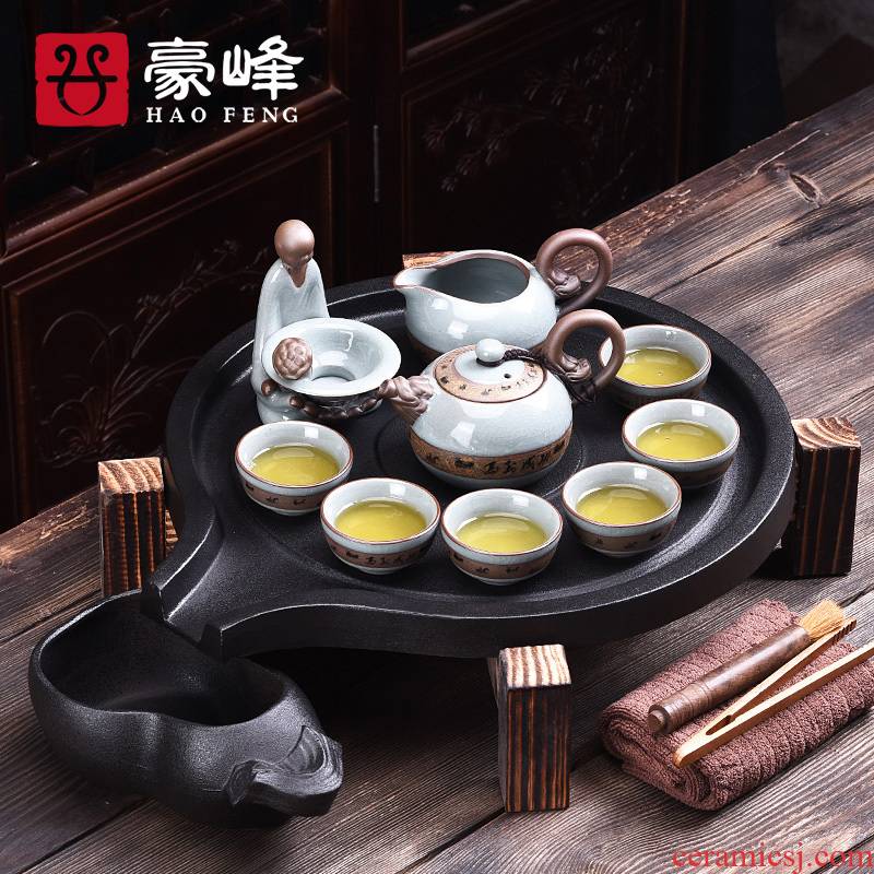 HaoFeng purple ceramic tea set household kung fu tea tray was real wood imitation sharply stone tea tray cups tea taking