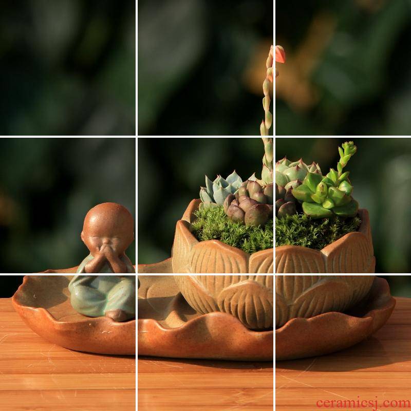 Supporting small Buddha creative flower pot lotus lotus leaf ceramic flowerpot thick clay asparagus flower pot in the young monk, fleshy tray