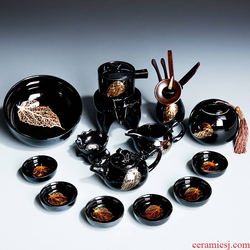 Lazy people make tea tea set fit home building light gold konoha semi - automatic kung fu ceramic cups teapot tea tray