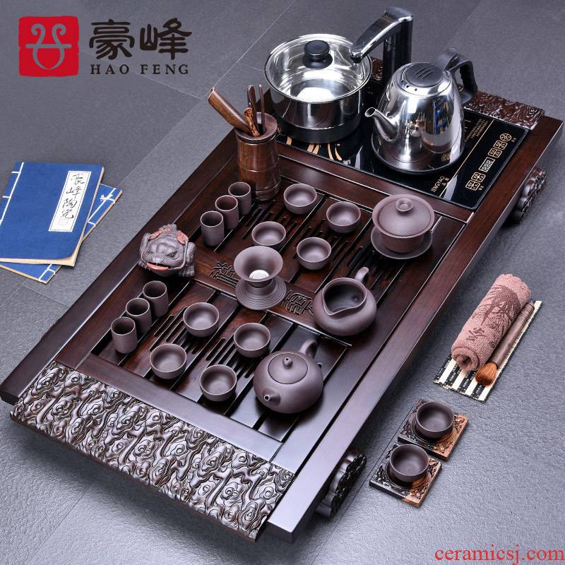 HaoFeng ebony wood tea tray ceramic gifts sets of a complete set of violet arenaceous kung fu tea set with four unity of electrical appliances