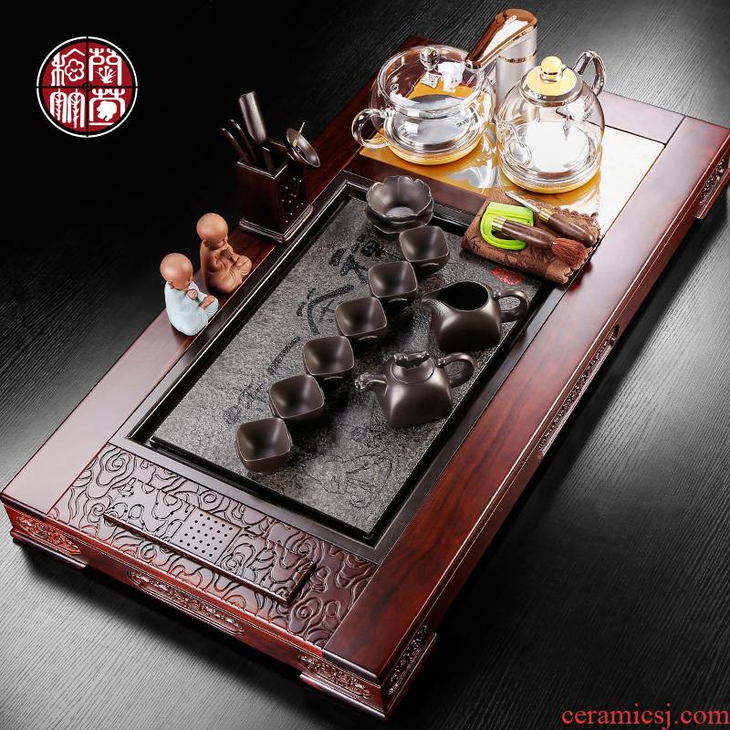 Tea tray was solid wood, large household retro violet arenaceous kung fu Tea set sharply stone Tea sets electromagnetism automatic sheung shui