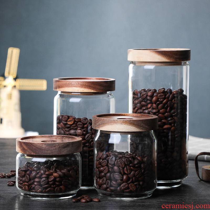 Japanese glass sealed jar of coffee bean storage tanks of household grain storage tank caddy fixings large acacia wood lid