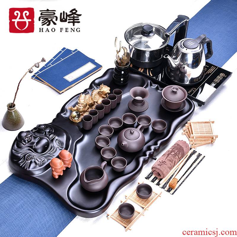 HaoFeng purple sand tea set ice crack glaze of a complete set of four unity induction cooker purple sand tea tray was real wood tray