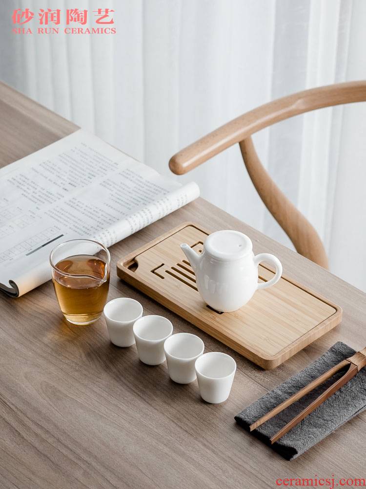 Sand embellish ceramic travel kung fu tea set suit household white porcelain a pot of four cups of tea dry glass mercifully plate of portable package