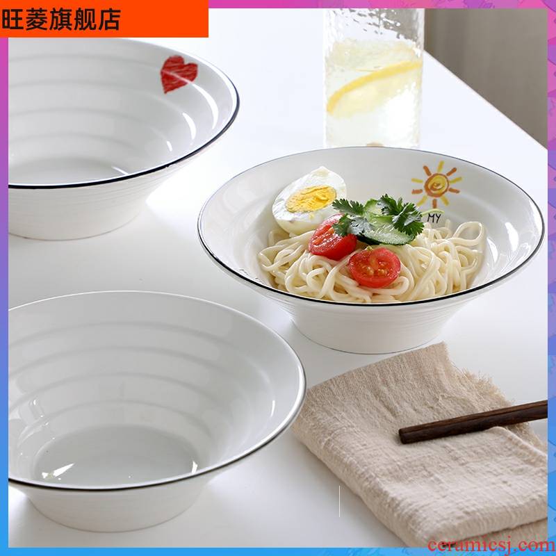 Japanese ramen four pack 】 【 rainbow such use ceramic large household wide expressions using horn hat to eat noodles soup bowl of salad bowl.