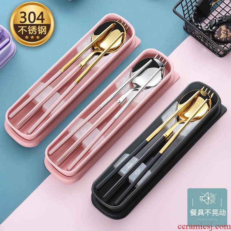 Portable chopsticks spoons suit one person eat a three - piece stainless steel tableware fork express single students receive a case