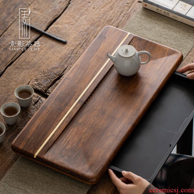 Shadow Japanese weight bamboo tea tray was water drainage large tea table drawer contracted household solid wood tea bamboo sea