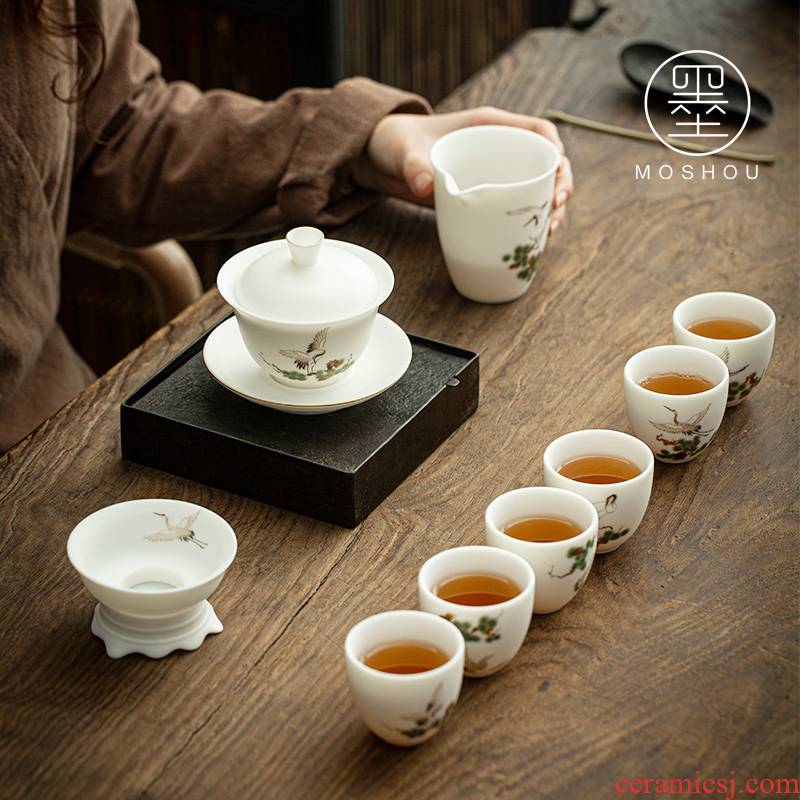 By dehua suet jade high - grade kung fu tea set the see colour tureen tea cups high - end suit gifts home office