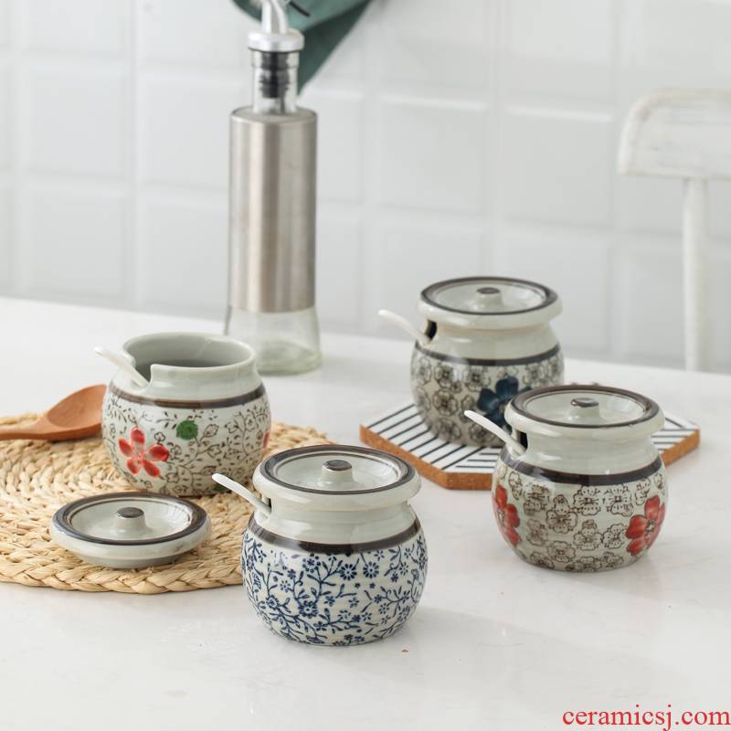 Creative Japanese ceramic feng flavor pot under the glaze color hand - made salt sugar pot set antique green glaze spoon