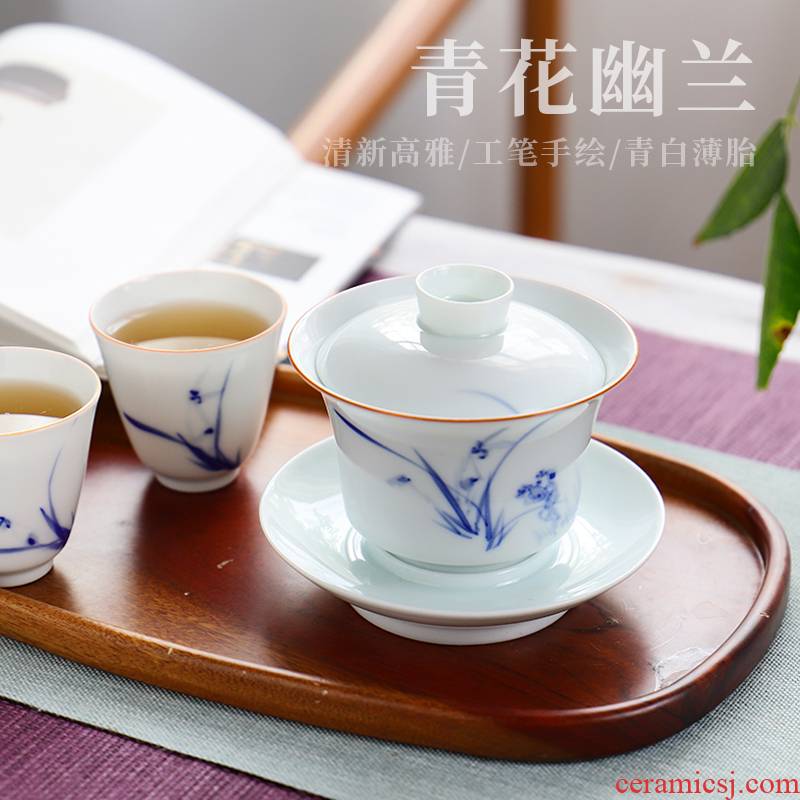 The Escape this hall jingdezhen blue and white orchid tureen hand - made teacup set three bowl of tea bowl set of kung fu tea set