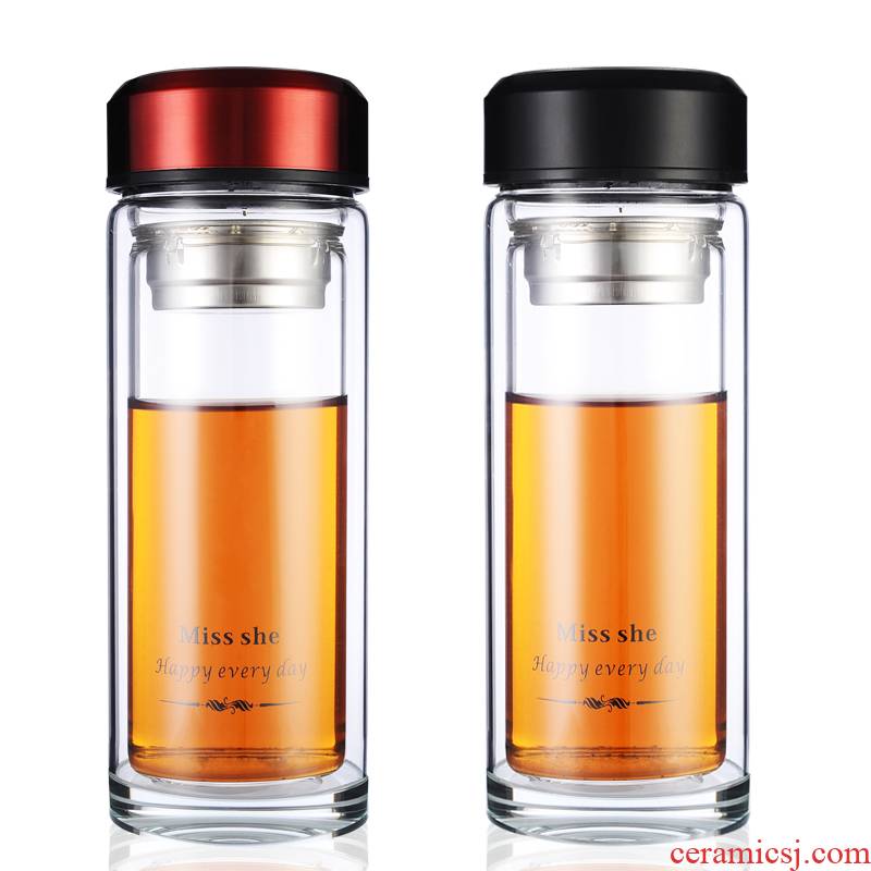 Double crystal transparent filter will "bringing a scented tea tea glass heat insulation couples leak proof glass