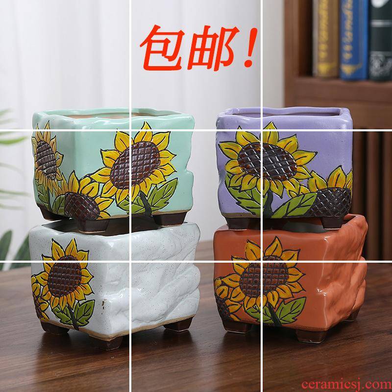 Fleshy spread old running the basin of special breathable sunflower round ceramic flower pot expressions using rectangular platter hand - made thick pot