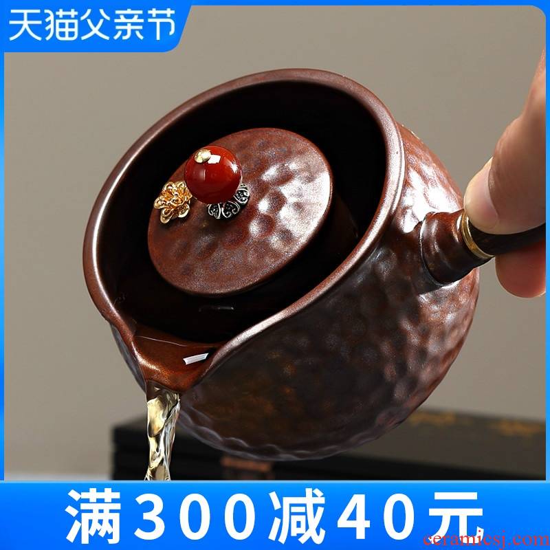 Antique teapot side of real wood, the pot of ceramic tea ware restoring ancient ways of household manual single pot of boiled tea kettle kung fu tea set