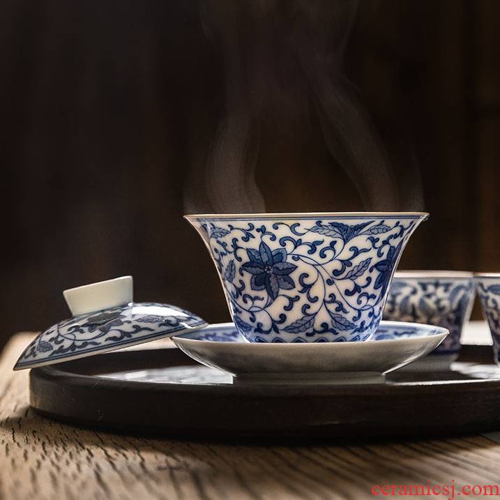 Jingdezhen escape this hall three tureen teacup only pure hand - made bound lotus flower blue and white porcelain tea set tea bowl of ceramics
