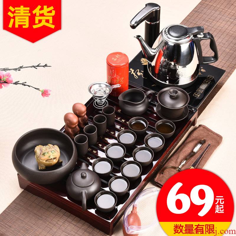 JiaXin kung fu tea set purple sand pottery and porcelain of a complete set of tea taking of a complete set of contracted solid wood tea tray storage disc household utensils