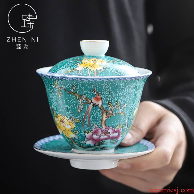 By mud jingdezhen tureen hand paint thin foetus enamel only three bowls of kung fu tea set domestic large bowl