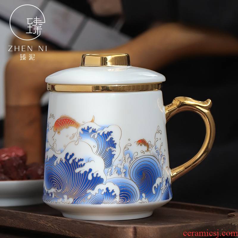 By mud China office cup of dehua white porcelain suet jade wind tide mark cup countries colored enamel paint make tea cup By hand