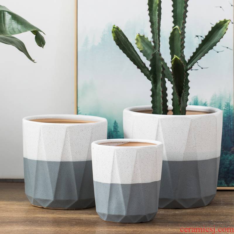 Heavy flowerpot ceramic yards of 30 cm diameter ground double color with white geometry creative tiger orchid European - style faceplate to plant trees