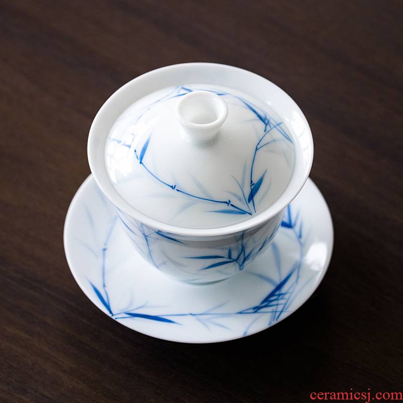Vegetation school white porcelain hand - made do tureen only three bowls of kung fu tea sets big cup gift box cover cup tea bowl