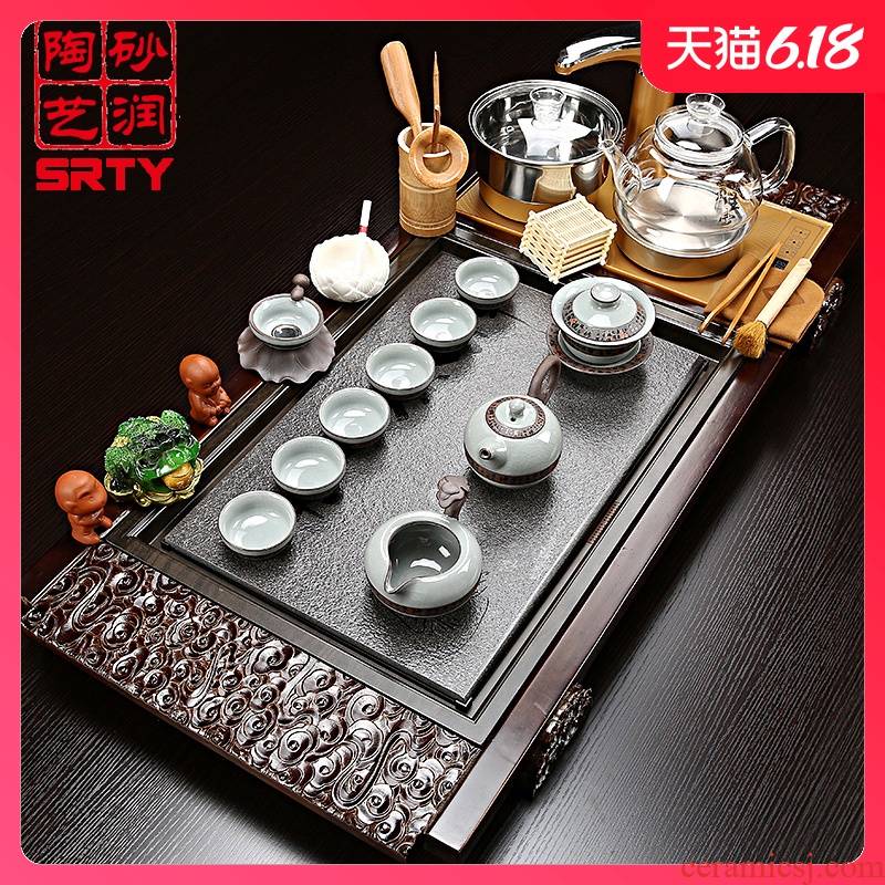 Sand embellish the whole pot of kung fu tea tea set household glass with sharply stone solid wood tea tray, tea table