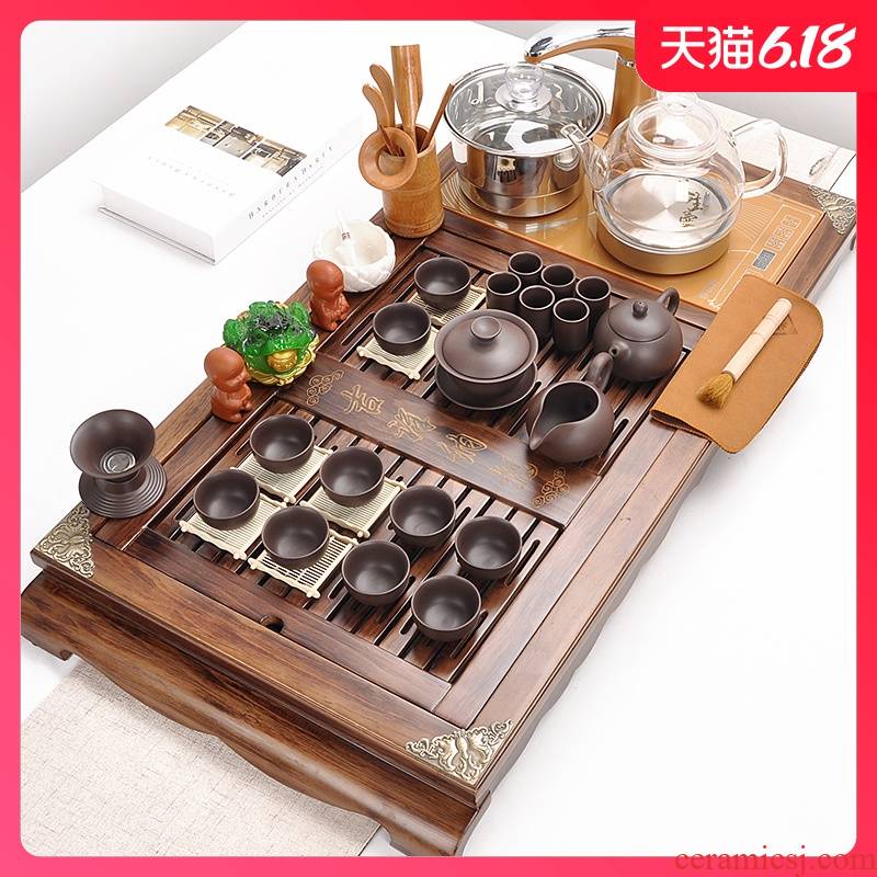 Sand embellish firewood automatic tea set of household ceramic kung fu tea set solid wood tea tray of a complete set of four