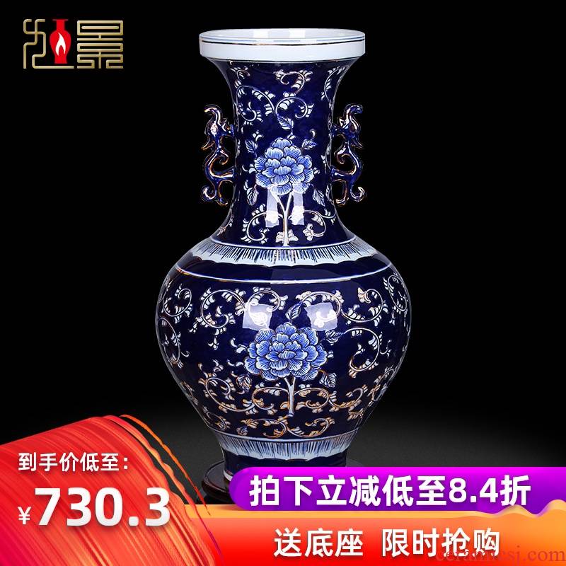 Jingdezhen blue and white vase hand - made paint ceramics new Chinese style living room TV cabinet office furnishing articles ornament