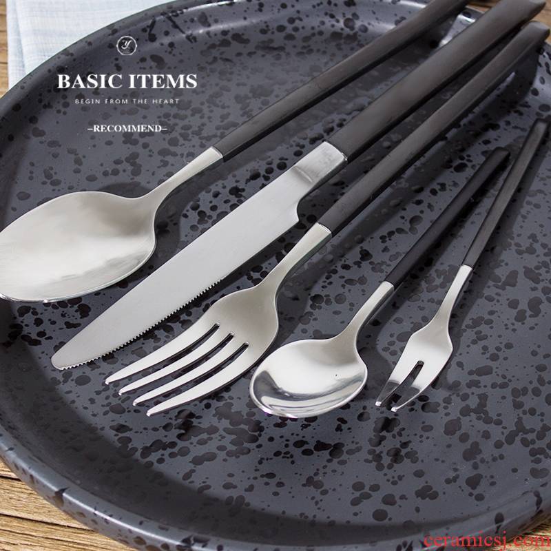 West European black gold plating stainless steel tableware matte enrolled steak knife spoon tea spoon, fruit fork fork suit western - style food