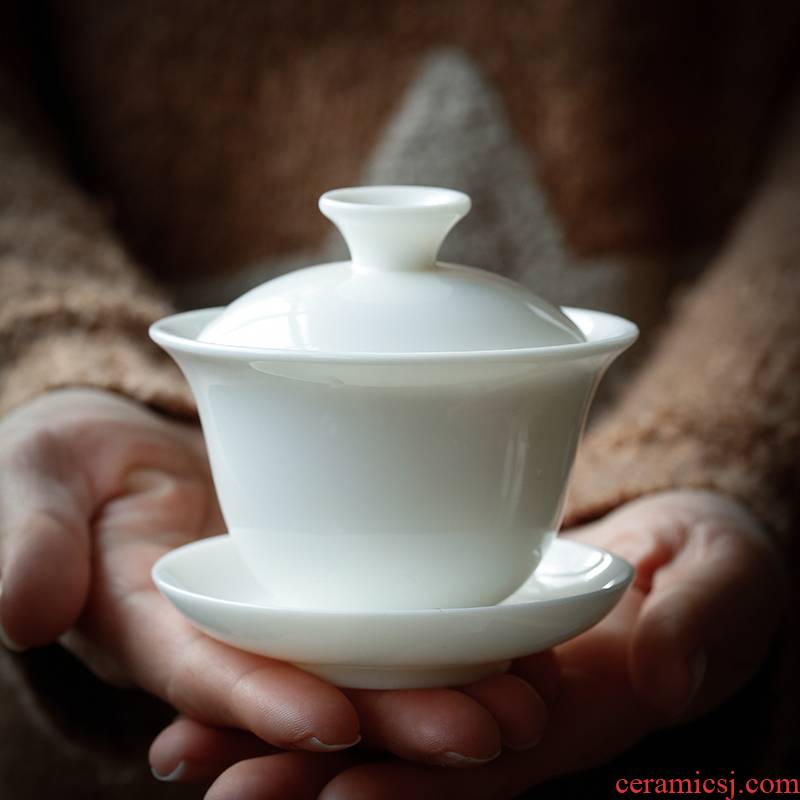 JiaXin fully dehua white porcelain only three tureen manual GaiWanCha household use cups large - sized kung fu tea set