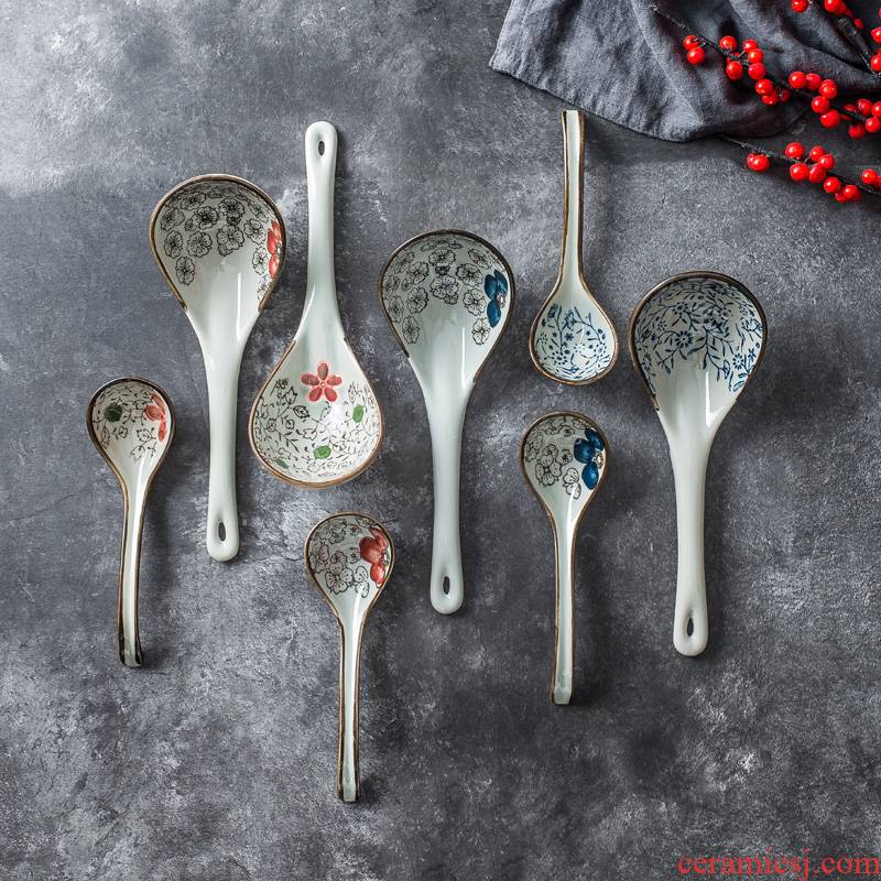 Large number of the creative ceramic spoon, Japanese and wind long handle big spoon, spoon stir spoon, run out of tableware blue and white