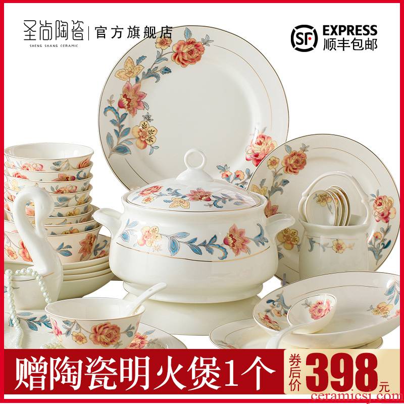 Household Korean dishes suit small pure and fresh and up phnom penh jingdezhen ceramic tableware suit 10 bowl dish light combination of key-2 luxury