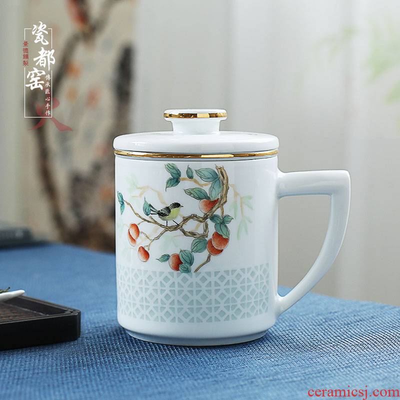 Jingdezhen up the fire which hand - made famille rose porcelain tea separation filter with a lid office home tea cup