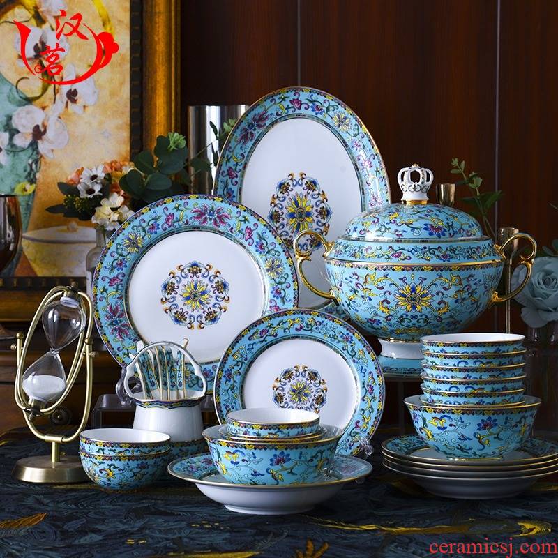 Shu also dishes suit European colored enamel ipads porcelain tableware suit high - end dishes combination table to difference gifts
