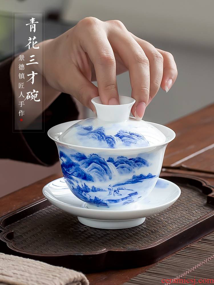 Jingdezhen up the fire which is hand draw landscape ceramic tureen tea cups kung fu three bowl of household individual