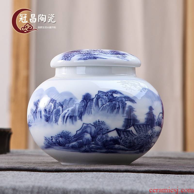 The Crown chang, jingdezhen ceramic caddy fixings large blue and white porcelain jar circular tank seal can receive storage tanks