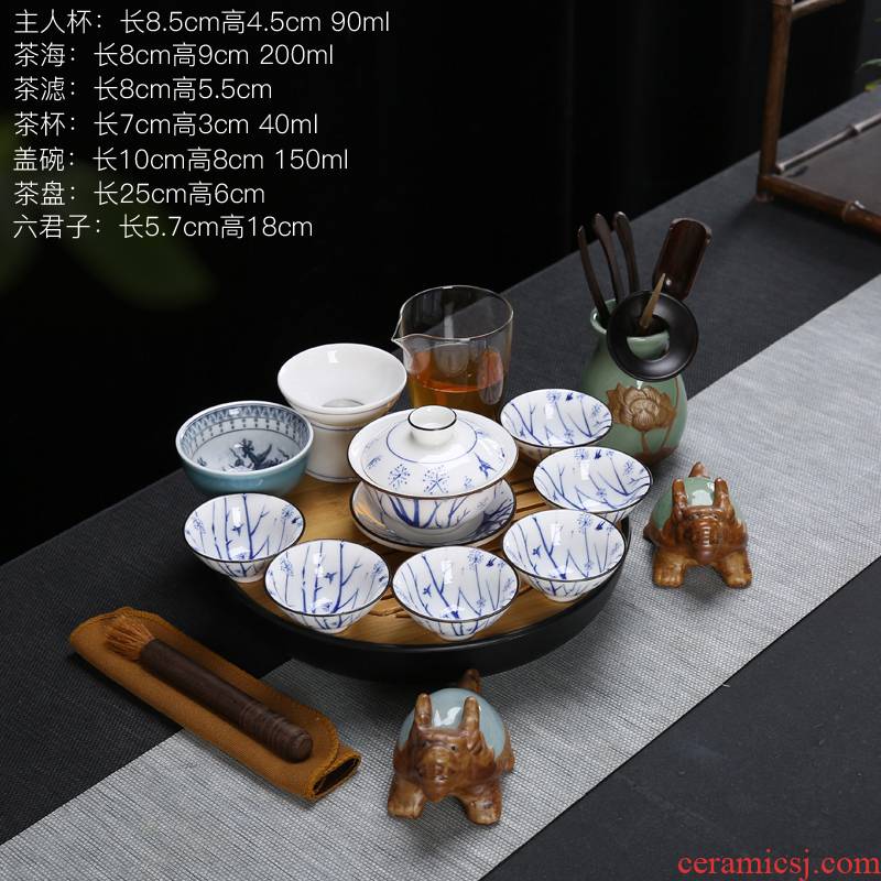 Blue and white porcelain suet jade kung fu tea tureen teapot teacup household white of a complete set of ceramic tea set of full color