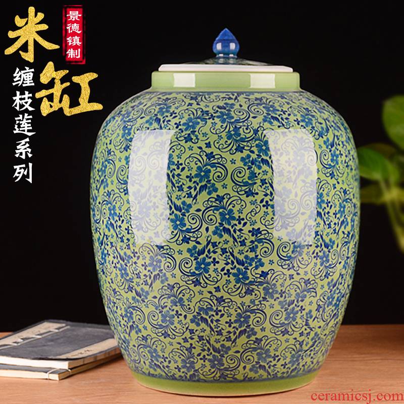 Jingdezhen ceramic barrel household 30 kg the packed with cover thickening ricer box food flour cylinder seal storage tank in the kitchen
