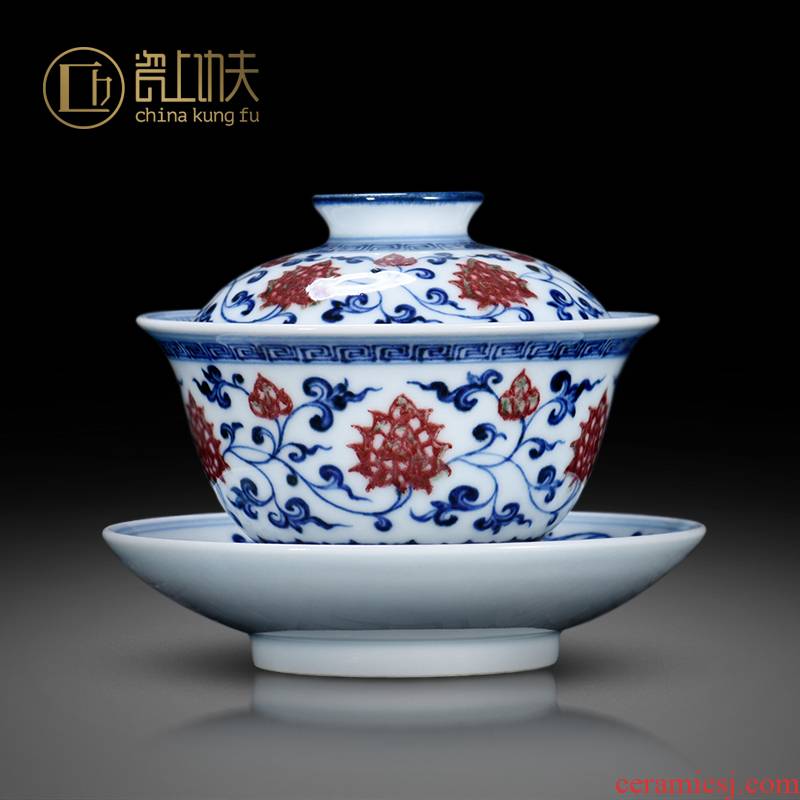 Jingdezhen blue and white youligong tureen bound branch lotus large three hand - made teacup only pure manual kung fu tea set collection